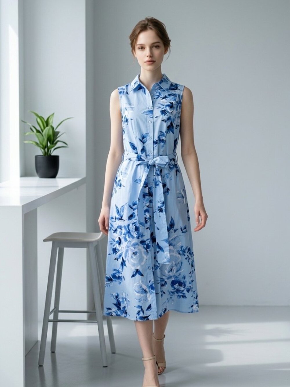NWT Calvin Klein Blue Floral Cotton Midi Shirt Dress Belted Size 10
